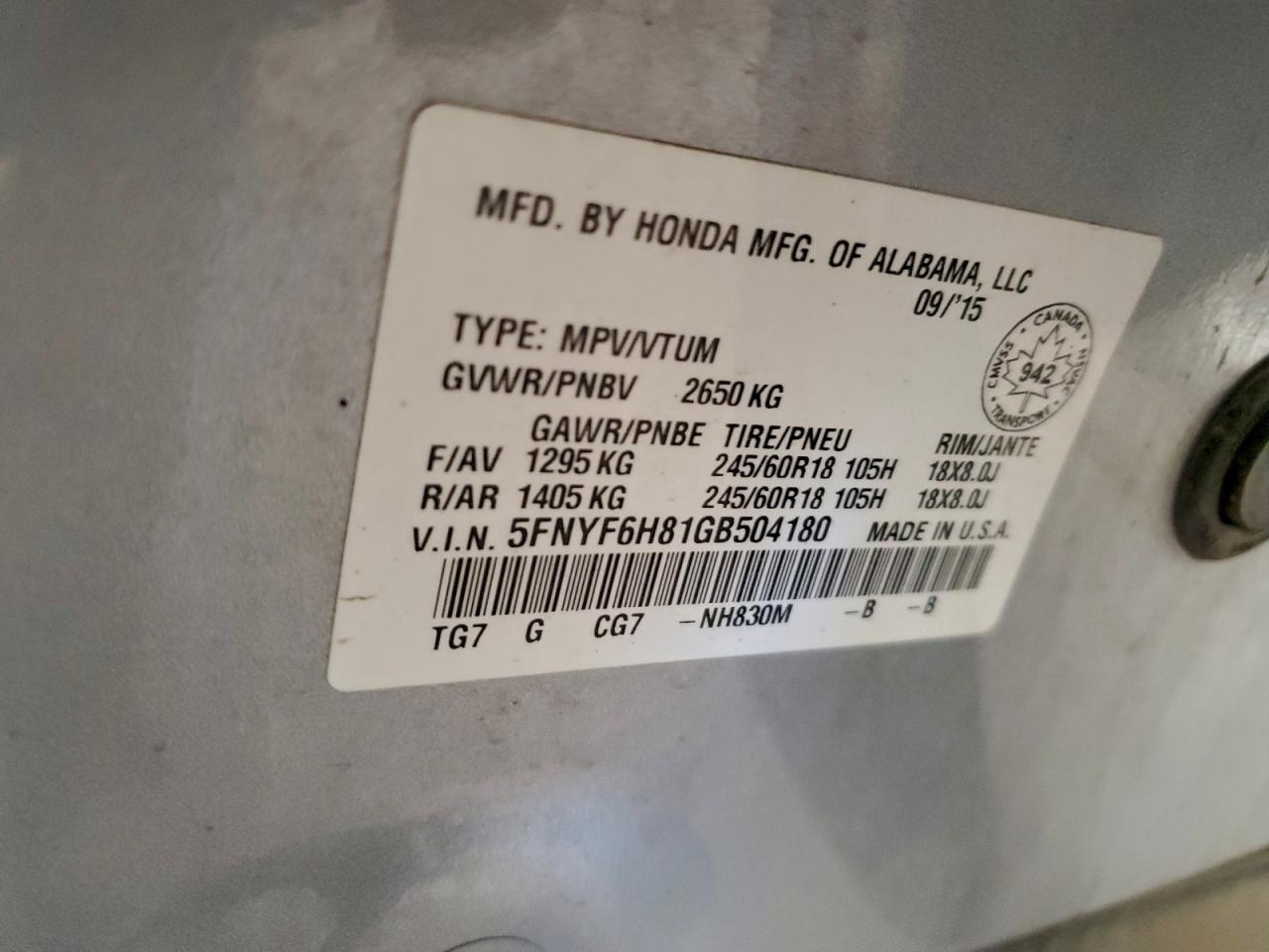 2016 Honda Pilot Exl VIN: 5FNYF6H81GB504180 Lot: 94635075