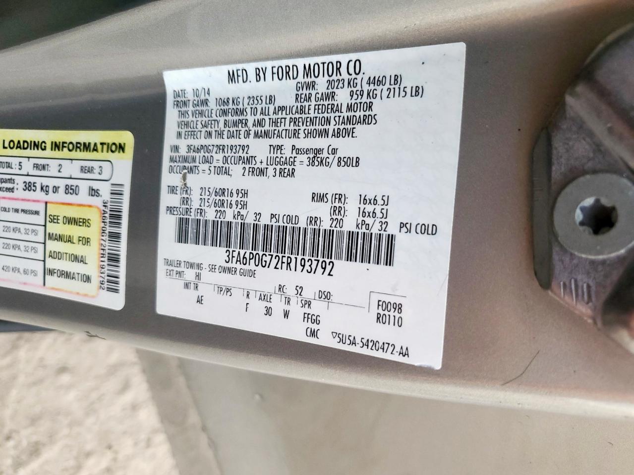 2015 Ford Fusion S VIN: 3FA6P0G72FR193792 Lot: 92859665