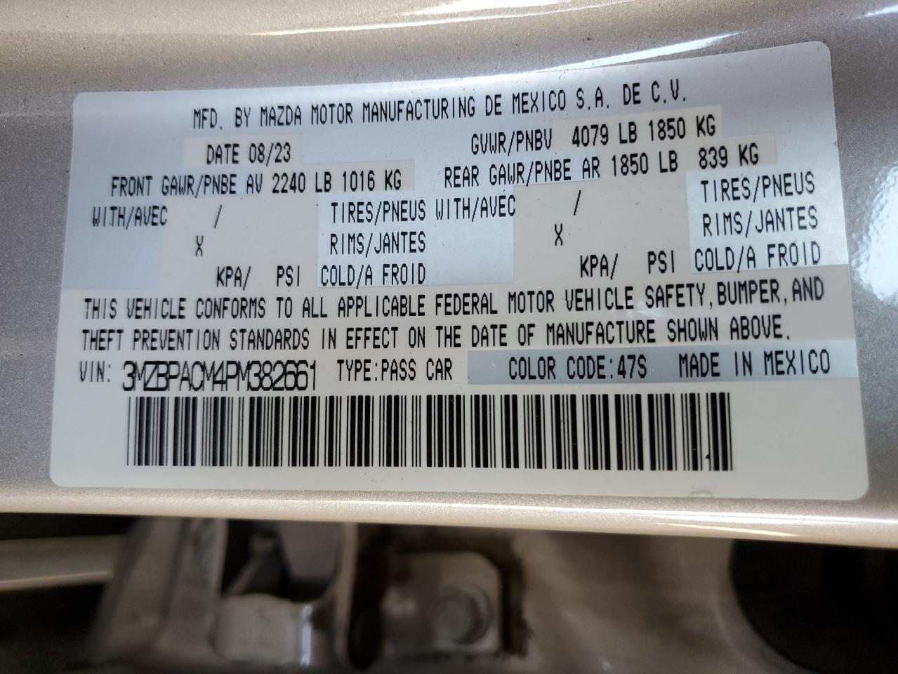 2023 Mazda 3 Preferred VIN: 3MZBPACM4PM382661 Lot: 91225905