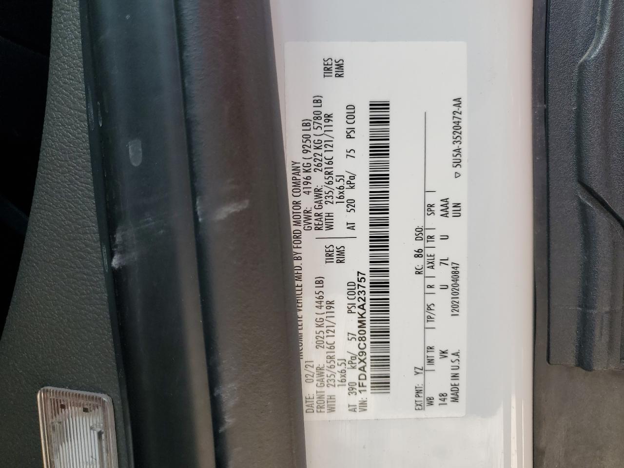 2021 Ford Transit T-350 VIN: 1FDAX9C80MKA23757 Lot: 93090685