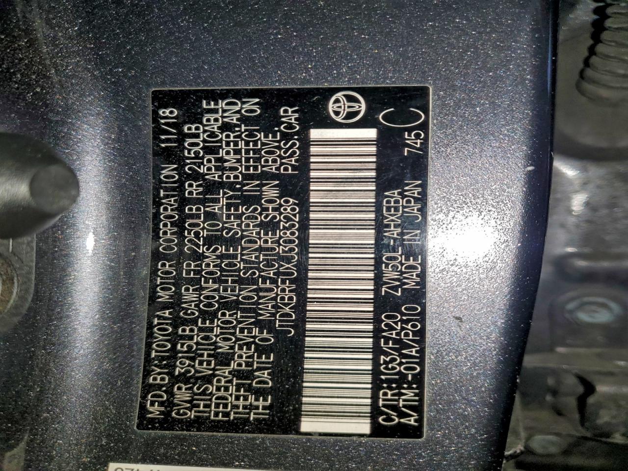 2018 Toyota Prius VIN: JTDKBRFUXJ3083289 Lot: 93352215