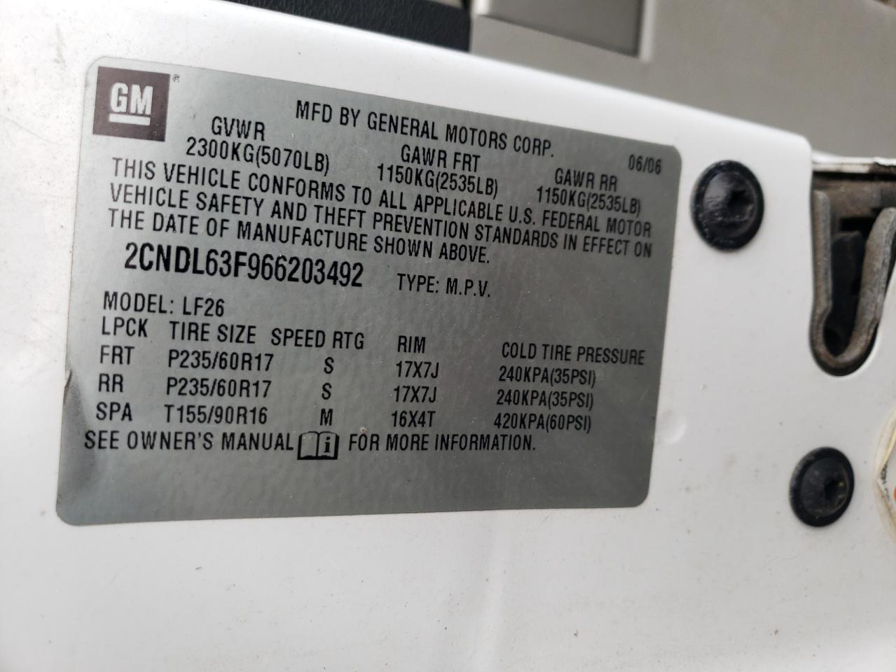 2006 Chevrolet Equinox Lt VIN: 2CNDL63F966203492 Lot: 93378175