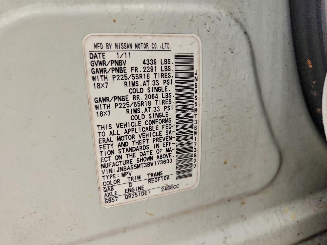 2011 Nissan Rogue S VIN: JN8AS5MT3BW173600 Lot: 93928135