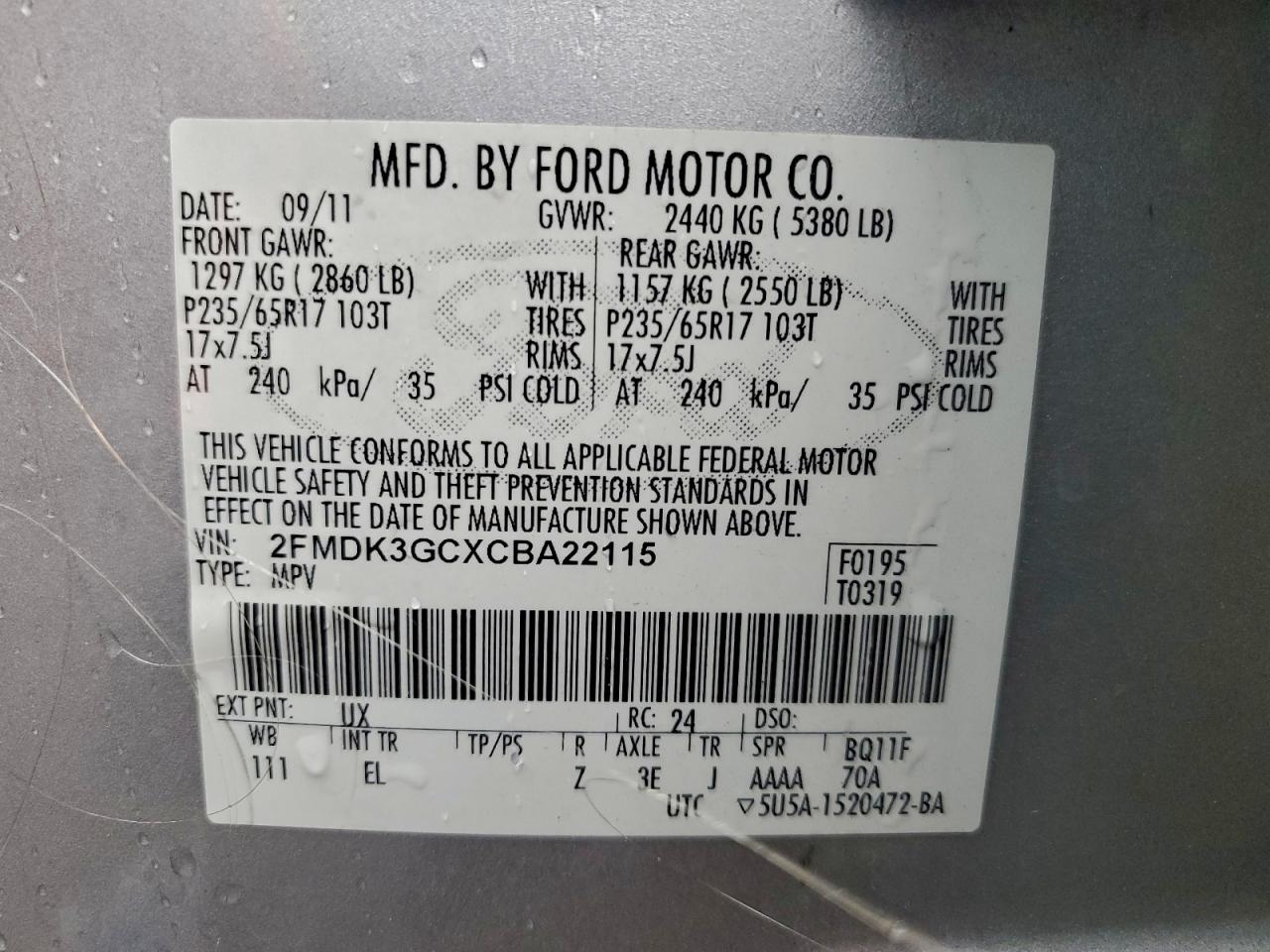 2012 Ford Edge Se VIN: 2FMDK3GCXCBA22115 Lot: 94364885