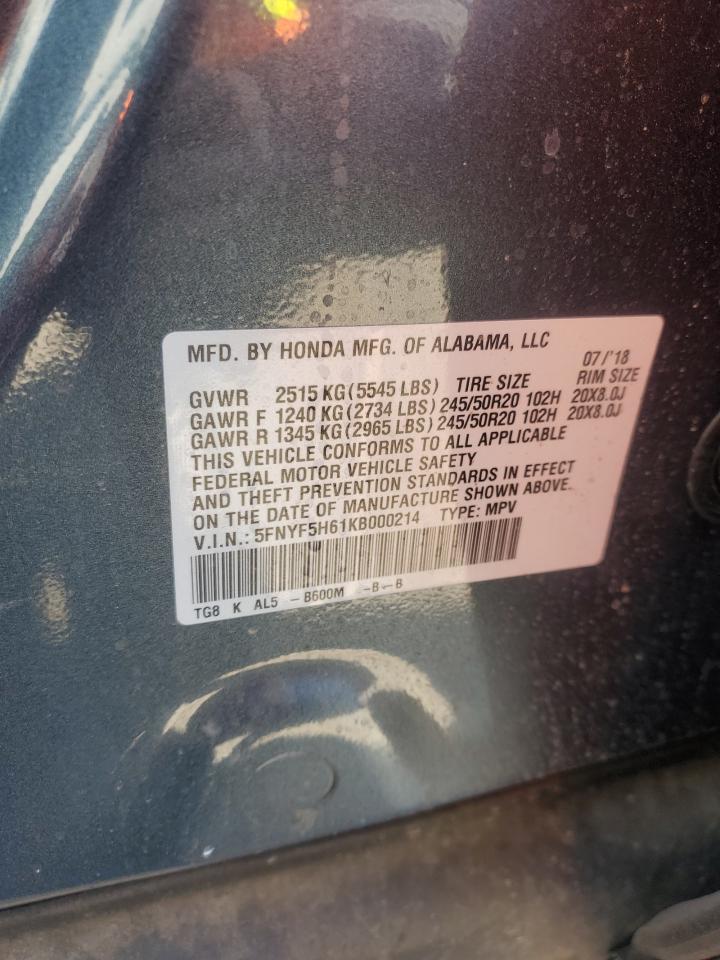 2019 Honda Pilot Touring VIN: 5FNYF5H61KB000214 Lot: 92208005