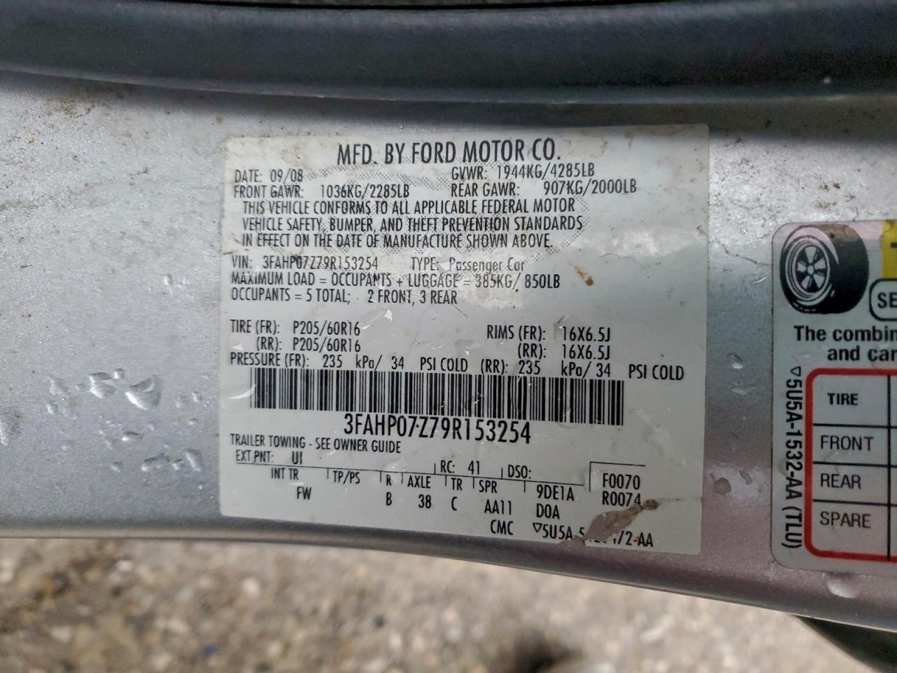 2009 Ford Fusion Se VIN: 3FAHP07Z79R153254 Lot: 93672545