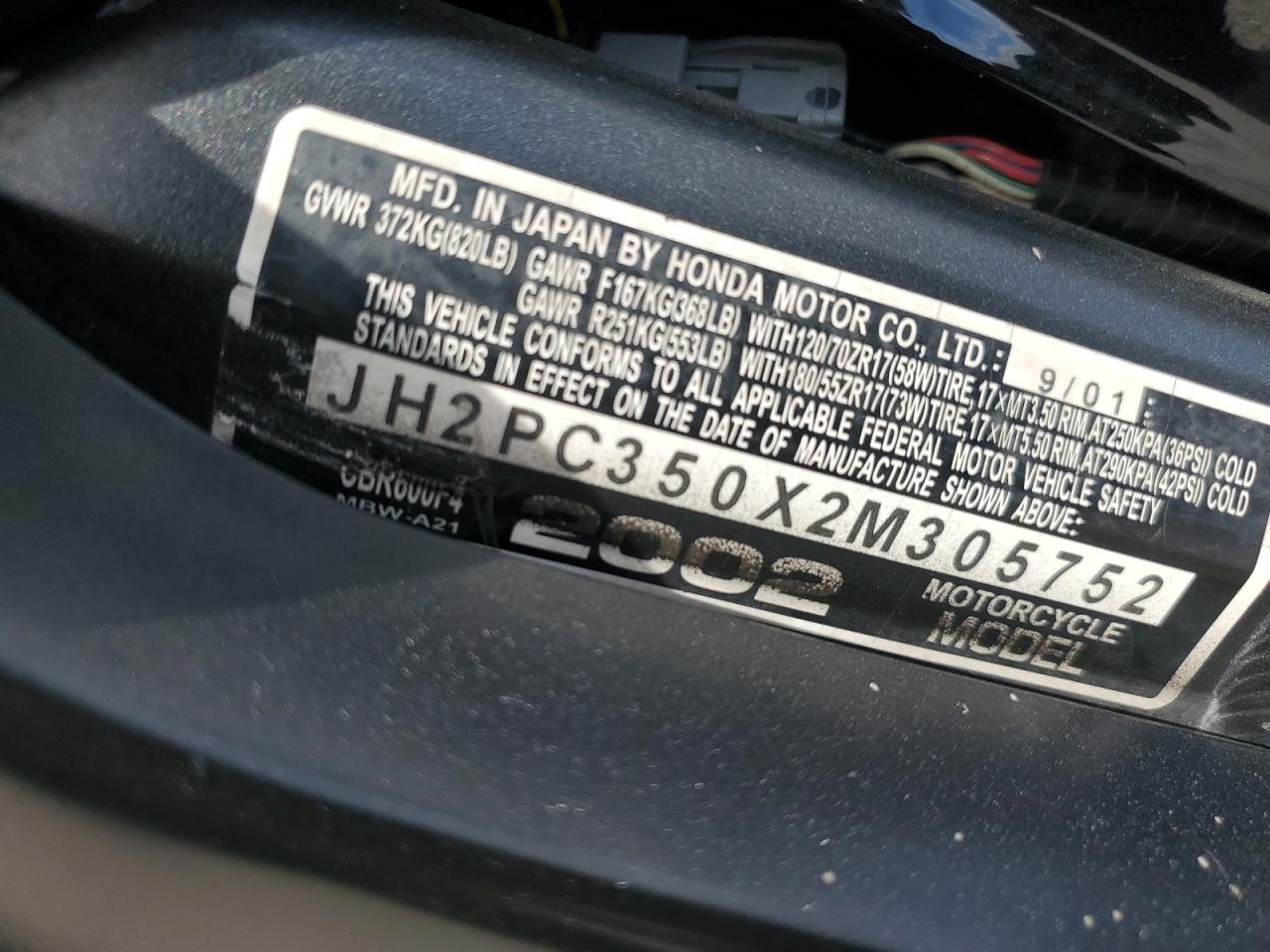 2002 Honda Cbr600 F4 VIN: JH2PC350X2M305752 Lot: 93470025