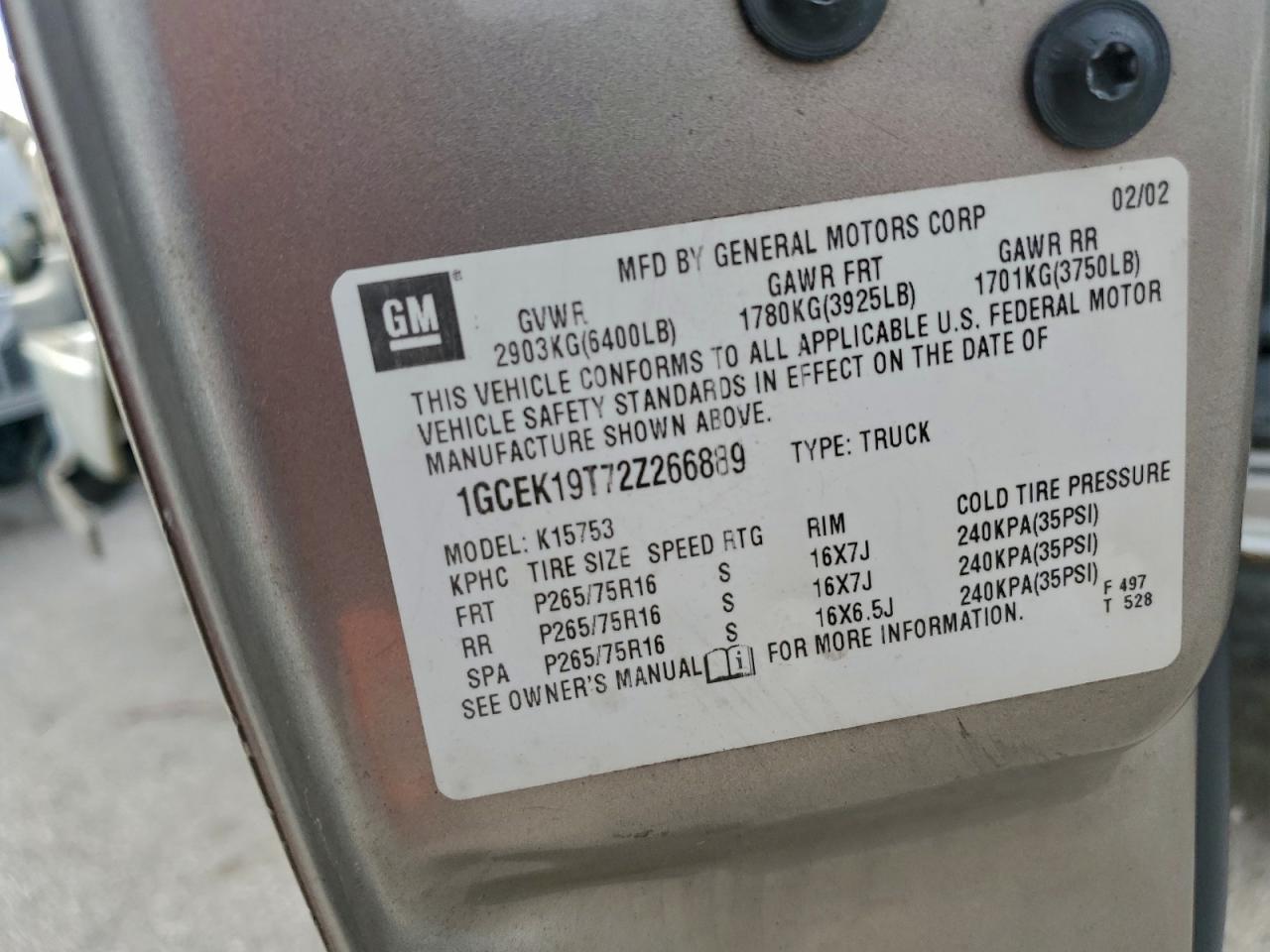 2002 Chevrolet Silverado K1500 VIN: 1GCEK19T72Z266889 Lot: 93964555