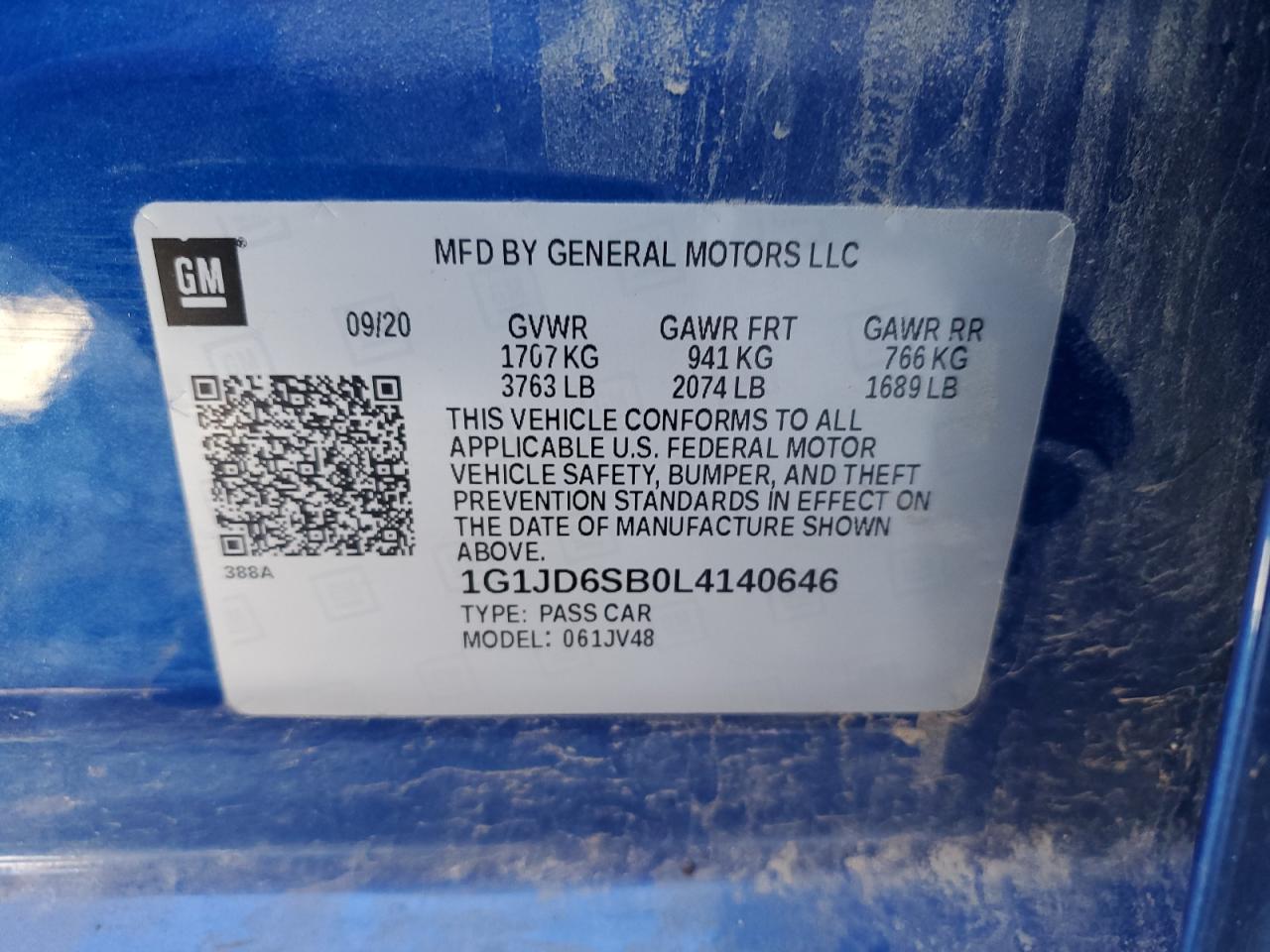 2020 Chevrolet Sonic Lt VIN: 1G1JD6SB0L4140646 Lot: 93297025