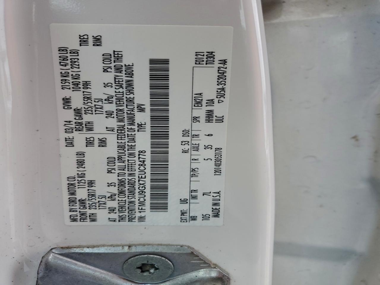 2014 Ford Escape Se VIN: 1FMCU9GX7EUC84778 Lot: 93966945