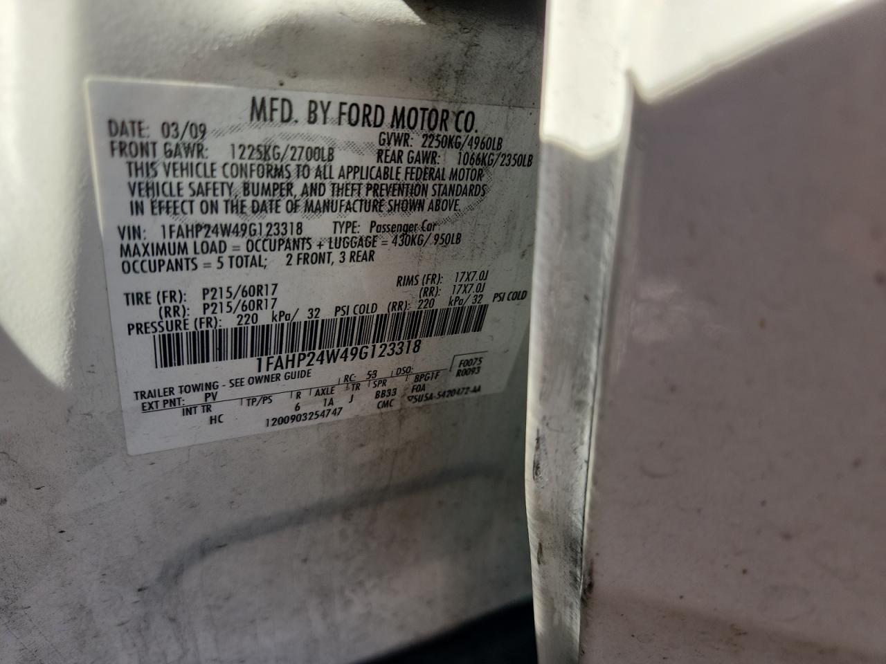 2009 Ford Taurus Sel VIN: 1FAHP24W49G123318 Lot: 92031025