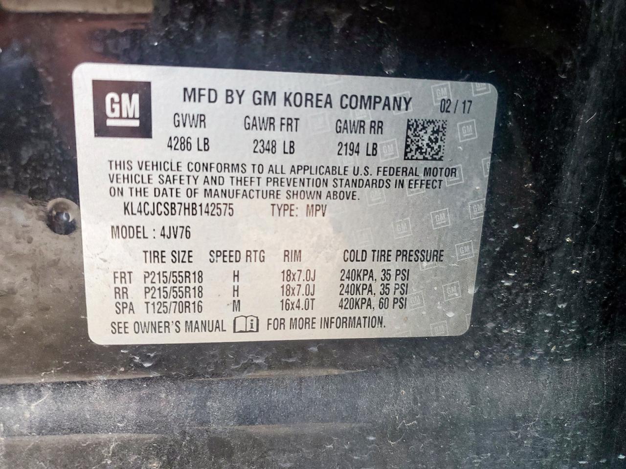 2017 Buick Encore Essence VIN: KL4CJCSB7HB142575 Lot: 93912555