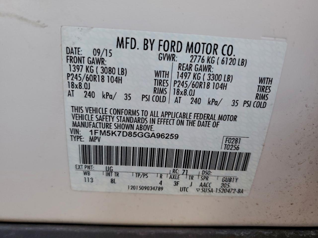 2016 Ford Explorer Xlt VIN: 1FM5K7D85GGA96259 Lot: 93997195