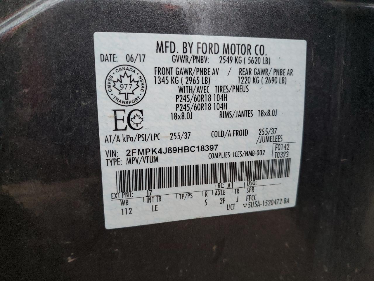 2017 Ford Edge Sel VIN: 2FMPK4J89HBC18397 Lot: 93452055