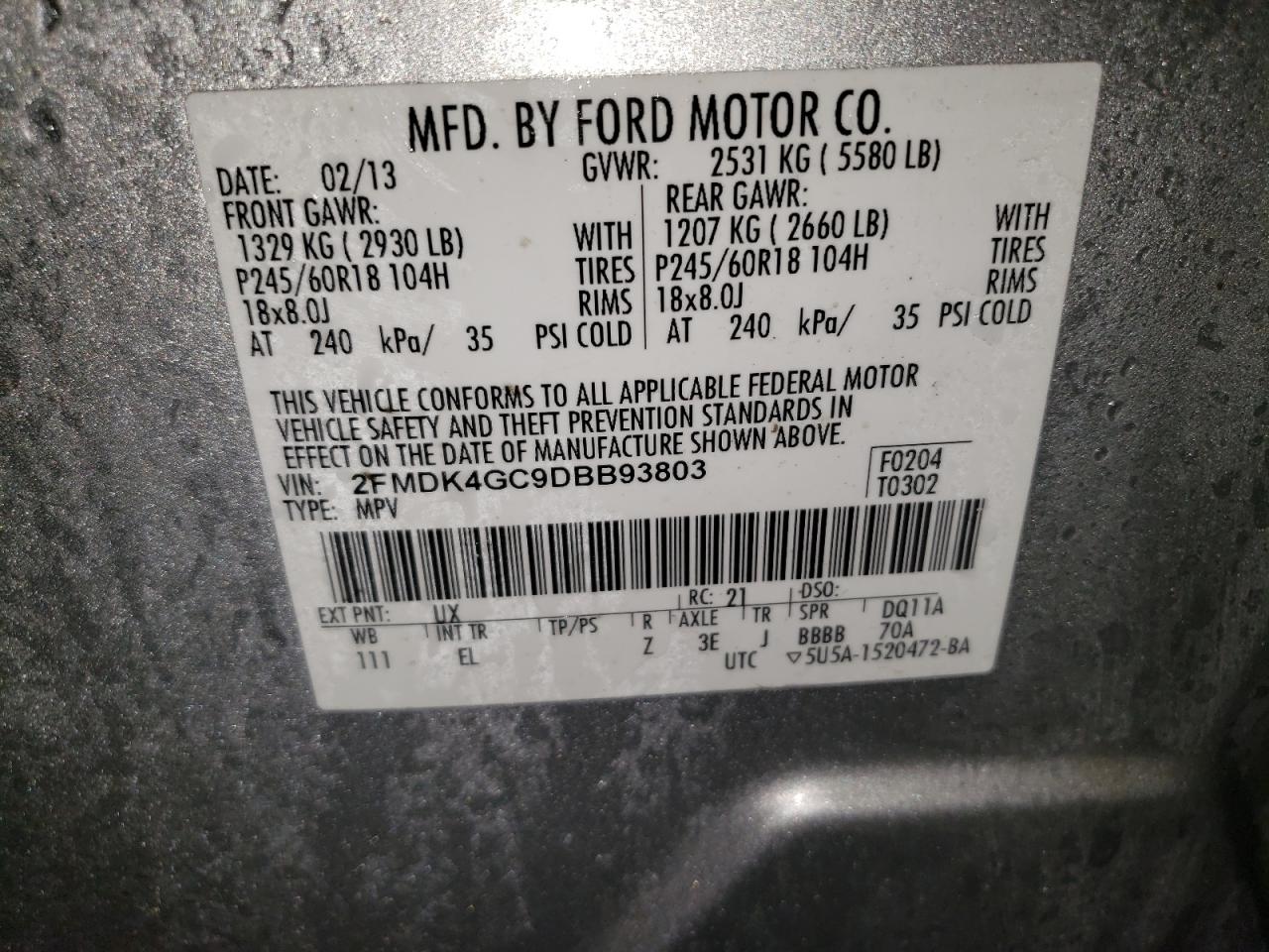 2013 Ford Edge Se VIN: 2FMDK4GC9DBB93803 Lot: 93156965