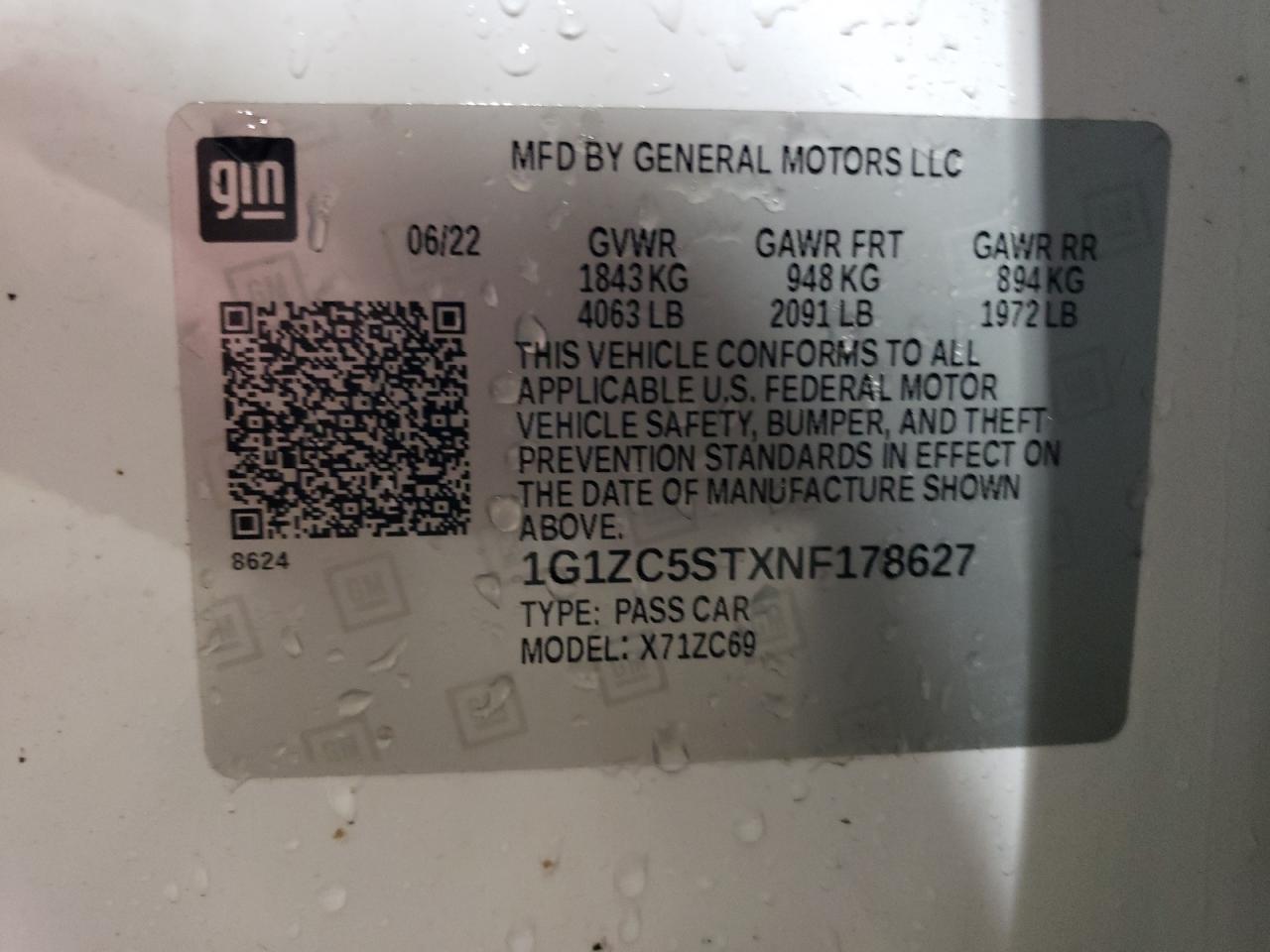 2022 Chevrolet Malibu Ls VIN: 1G1ZC5STXNF178627 Lot: 92952895