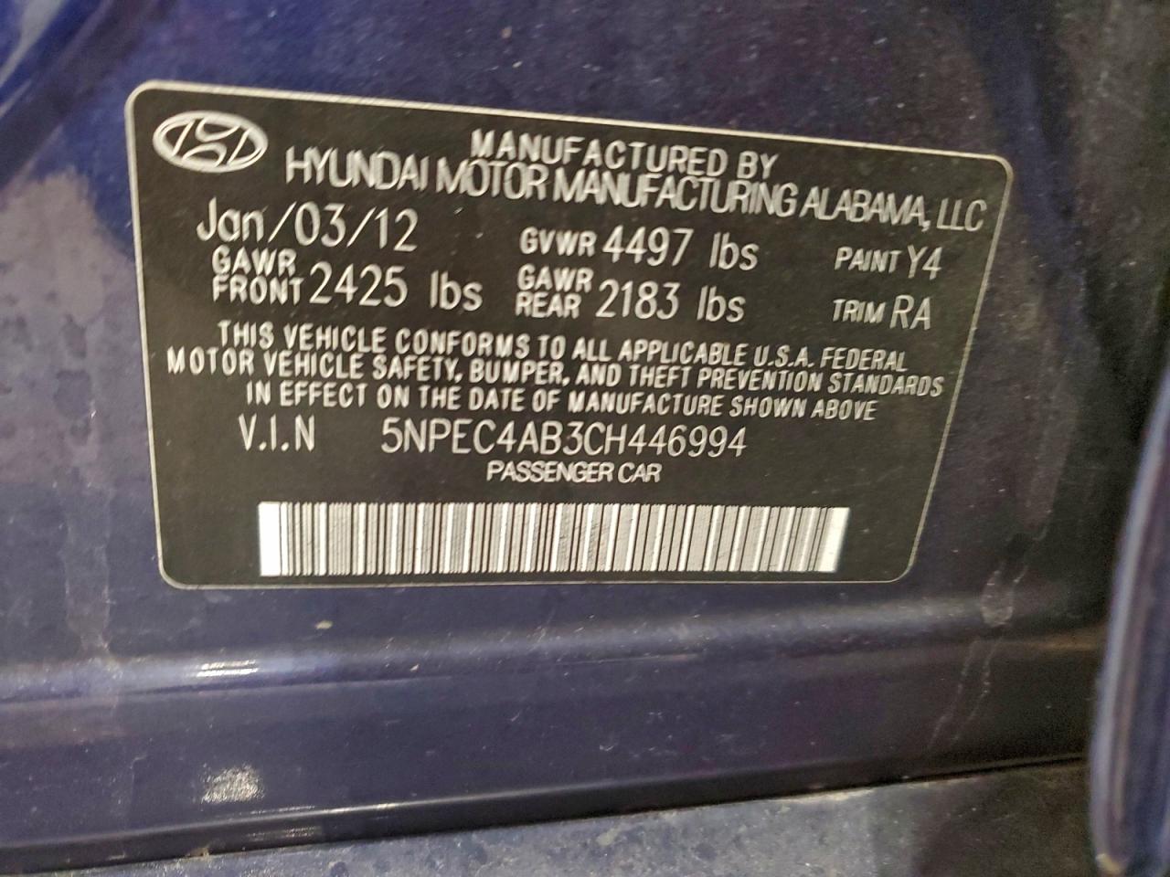 2012 Hyundai Sonata Se VIN: 5NPEC4AB3CH446994 Lot: 93730145