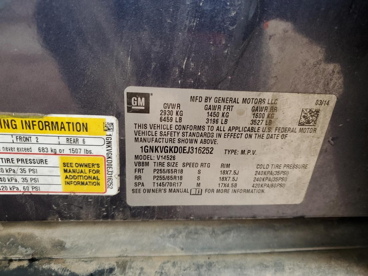 2014 Chevrolet Traverse Lt VIN: 1GNKVGKD0EJ316252 Lot: 93092365