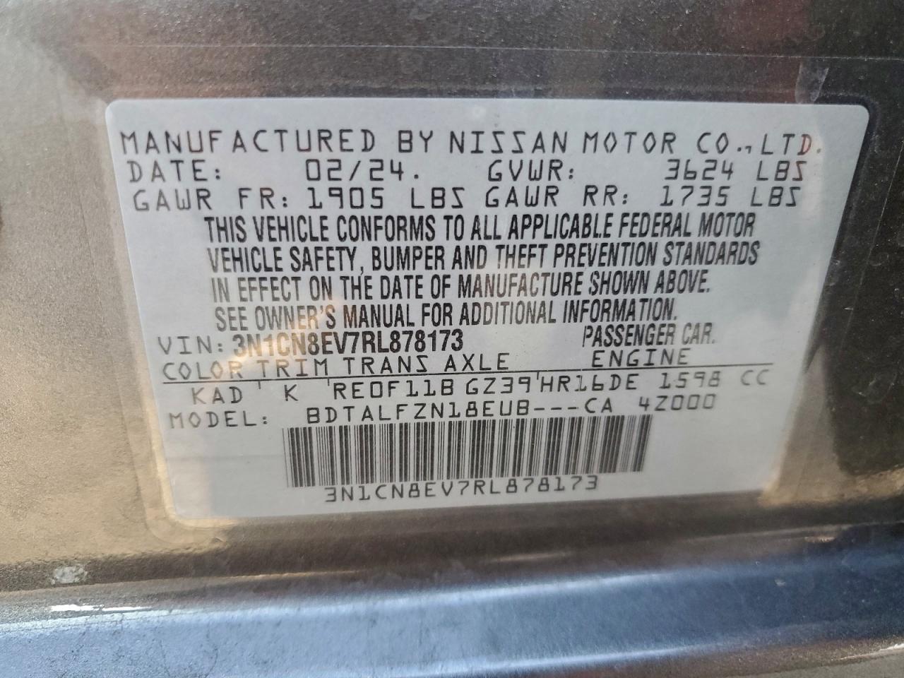 2024 Nissan Versa Sv VIN: 3N1CN8EV7RL878173 Lot: 93602345