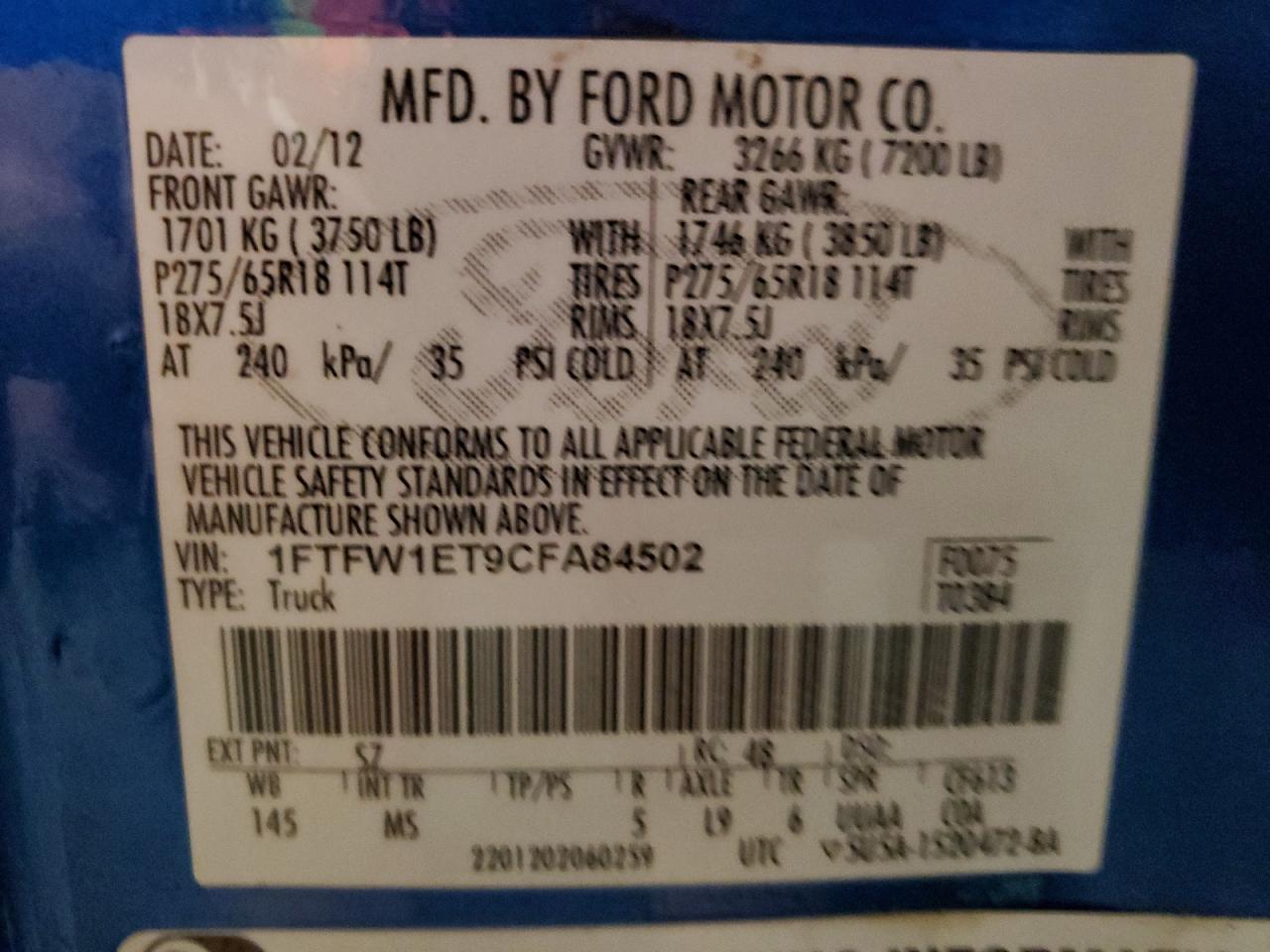 2012 Ford F150 Supercrew VIN: 1FTFW1ET9CFA84502 Lot: 92615145