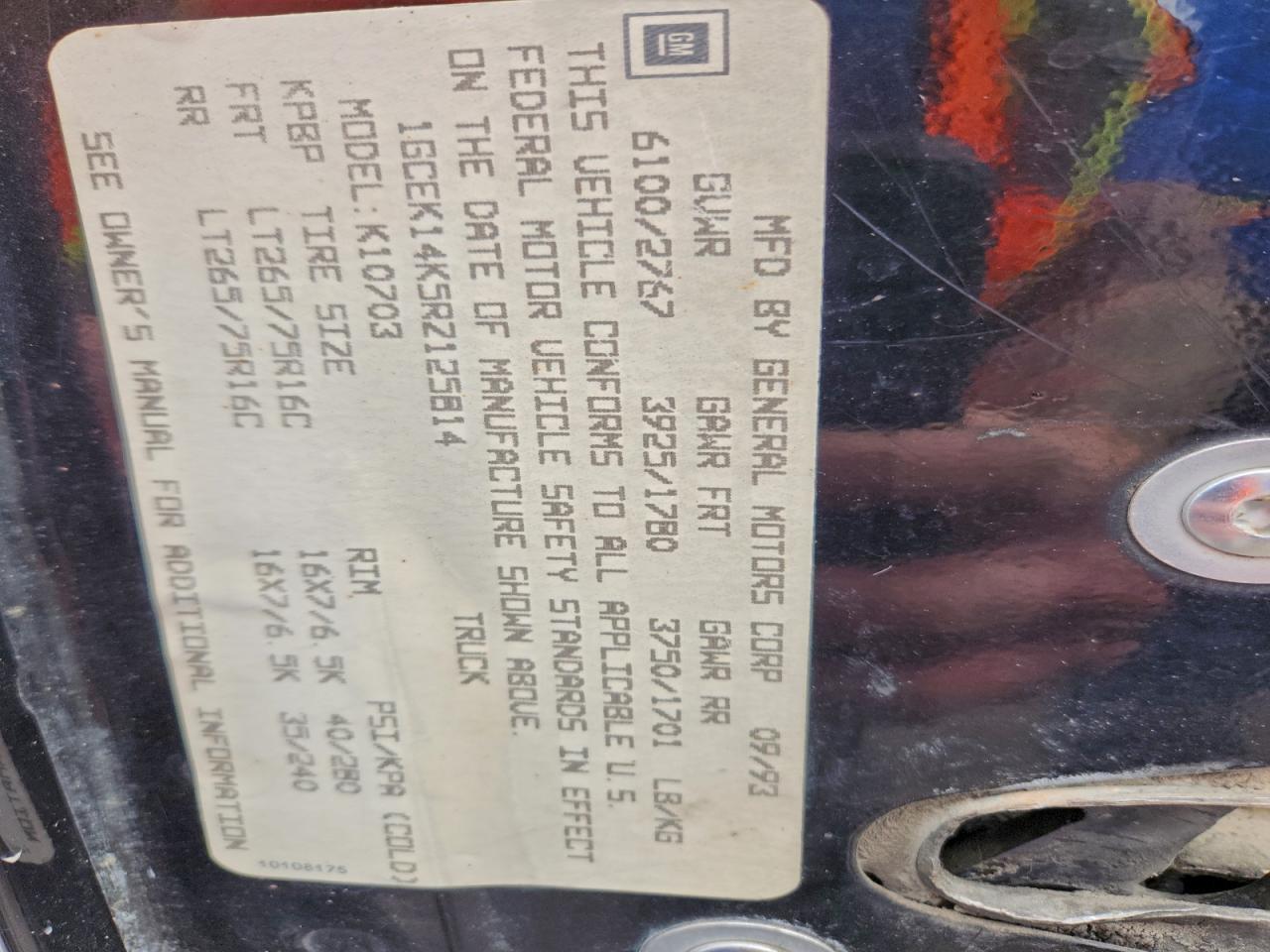 1994 Chevrolet Gmt-400 K1500 VIN: 1GCEK14K5RZ125814 Lot: 93874005