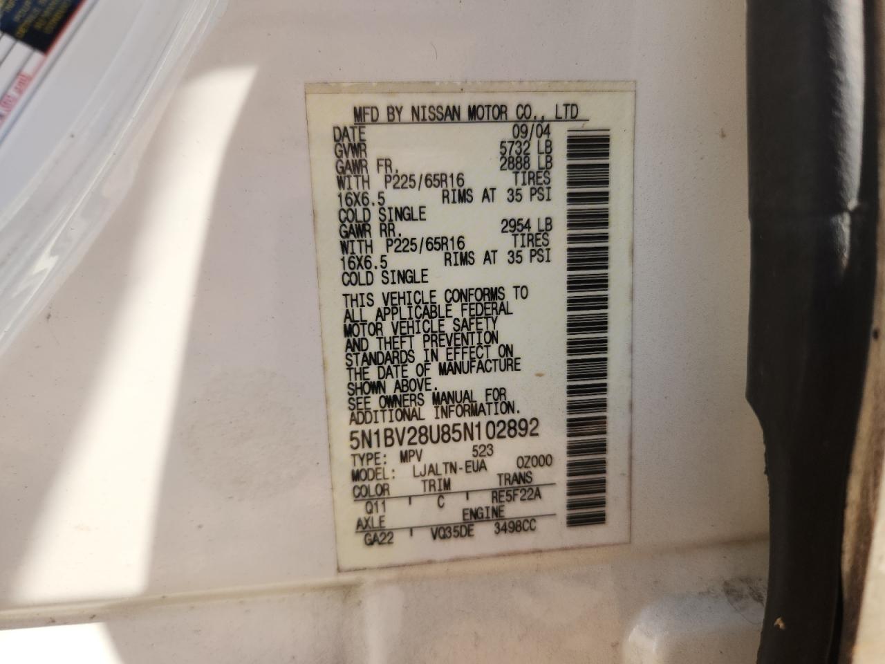 2005 Nissan Quest S VIN: 5N1BV28U85N102892 Lot: 92807985