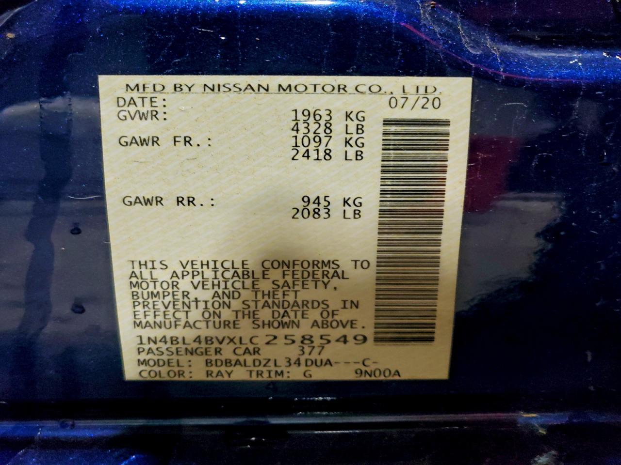 2020 Nissan Altima S VIN: 1N4BL4BVXLC258549 Lot: 93718775