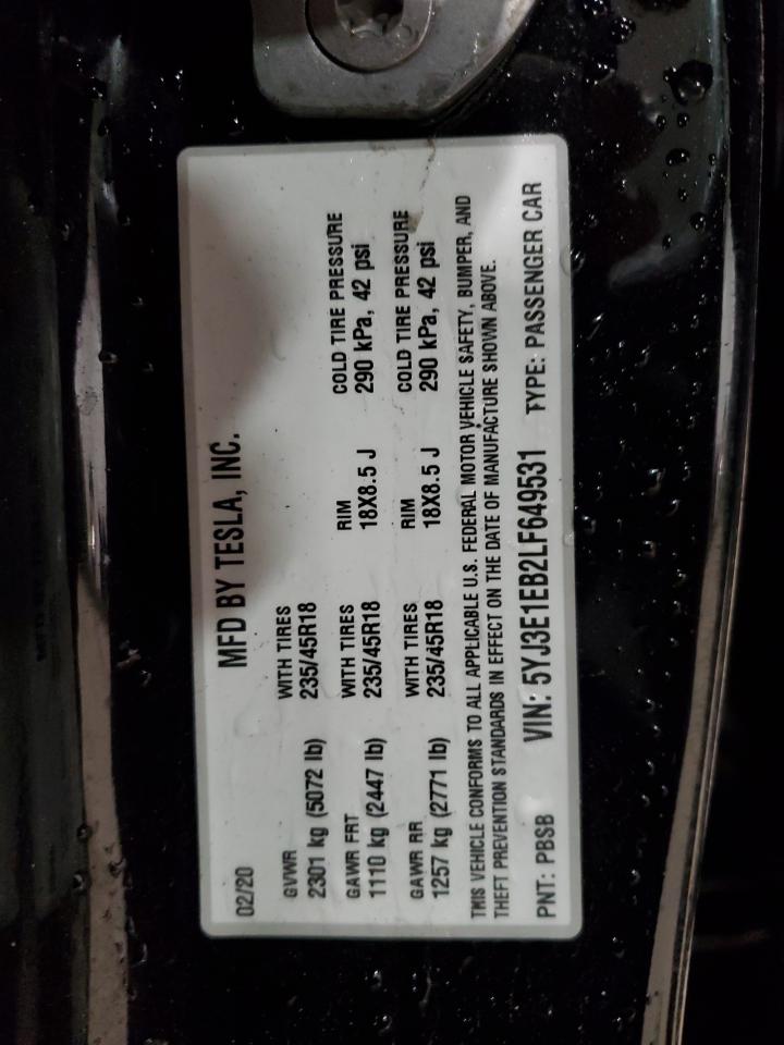 2020 Tesla Model 3 VIN: 5YJ3E1EB2LF649531 Lot: 92784255