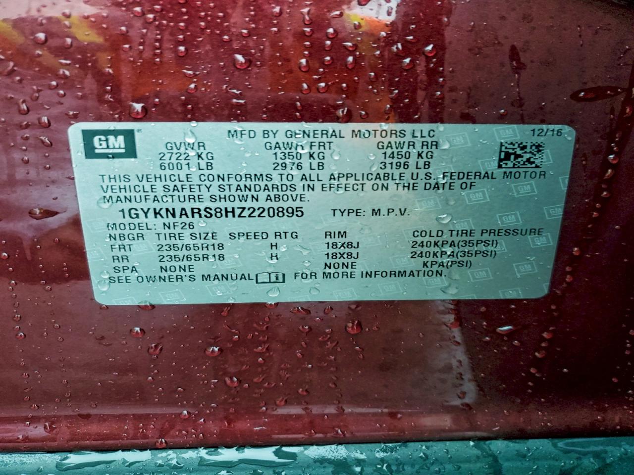 2017 Cadillac Xt5 VIN: 1GYKNARS8HZ220895 Lot: 93944925