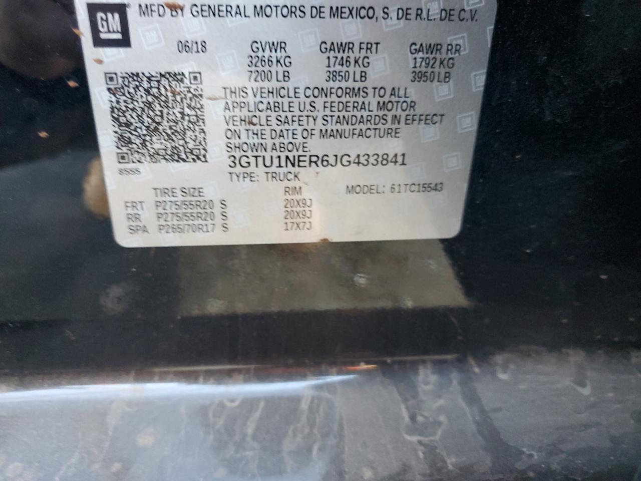 2018 GMC Sierra C1500 Slt VIN: 3GTU1NER6JG433841 Lot: 92723385