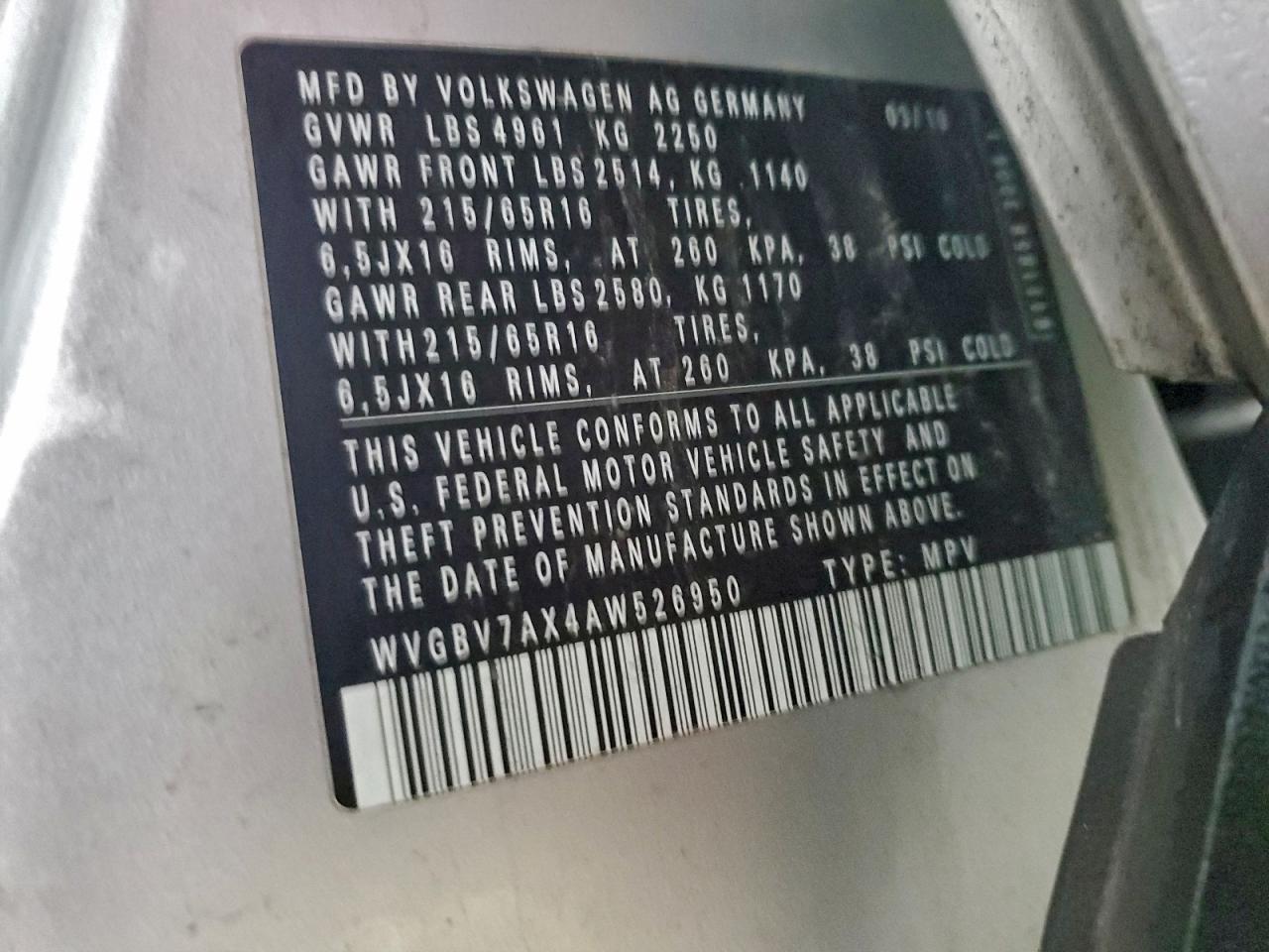 2010 Volkswagen Tiguan Se VIN: WVGBV7AX4AW52695C Lot: 93556935