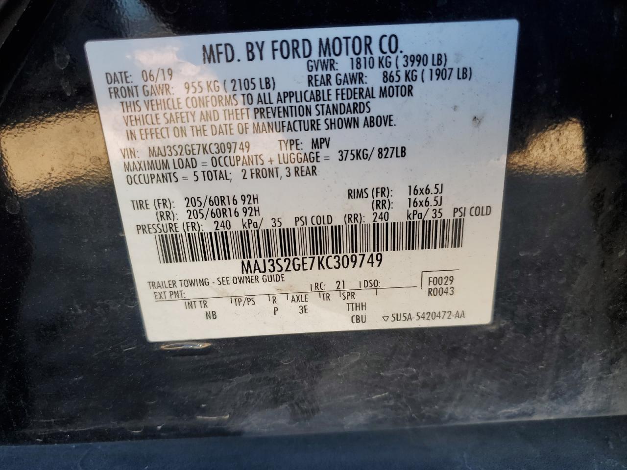 2019 Ford Ecosport Se VIN: MAJ3S2GE7KC309749 Lot: 91370635