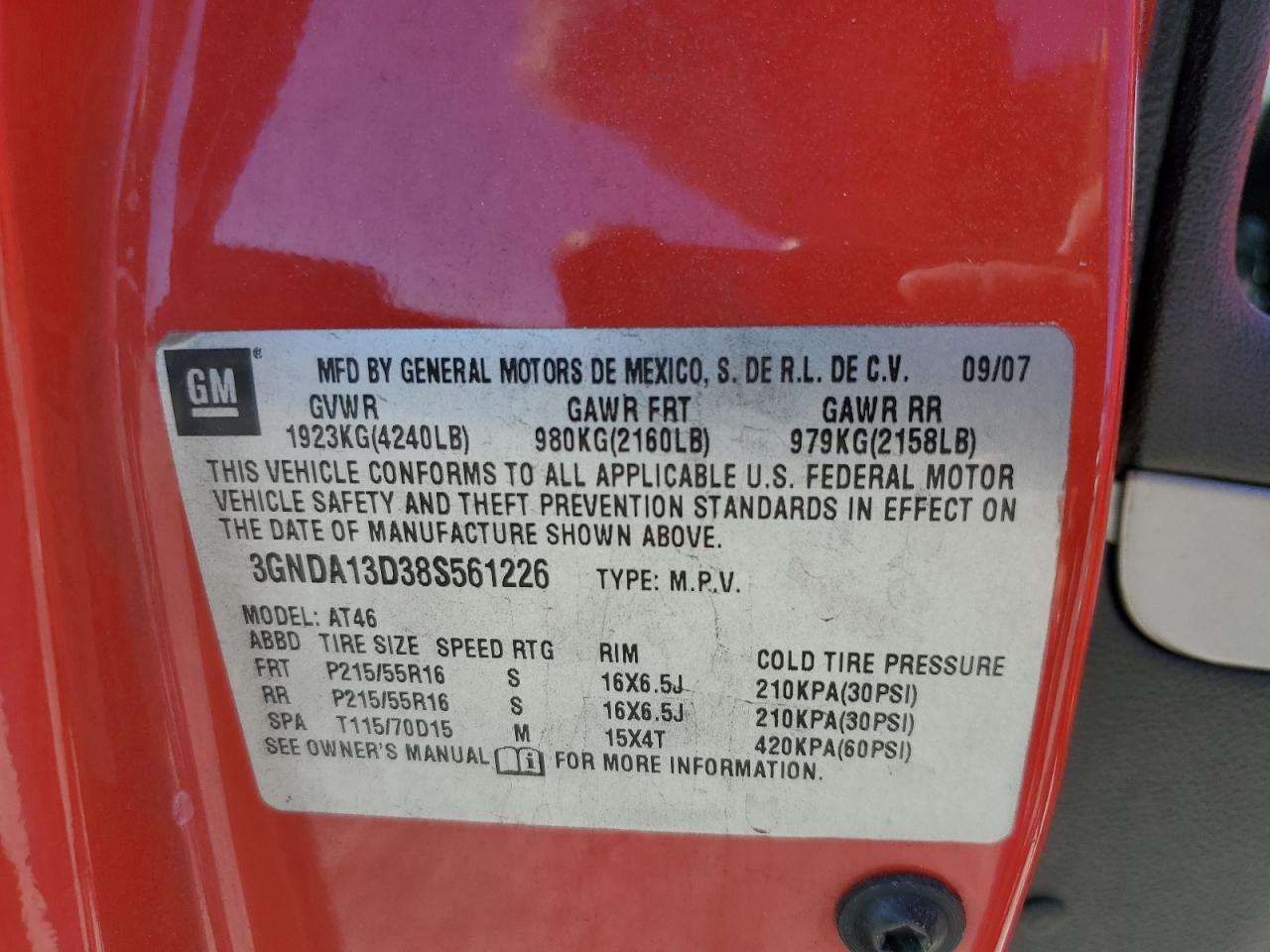 2008 Chevrolet Hhr Ls VIN: 3GNDA13D38S561226 Lot: 91192245