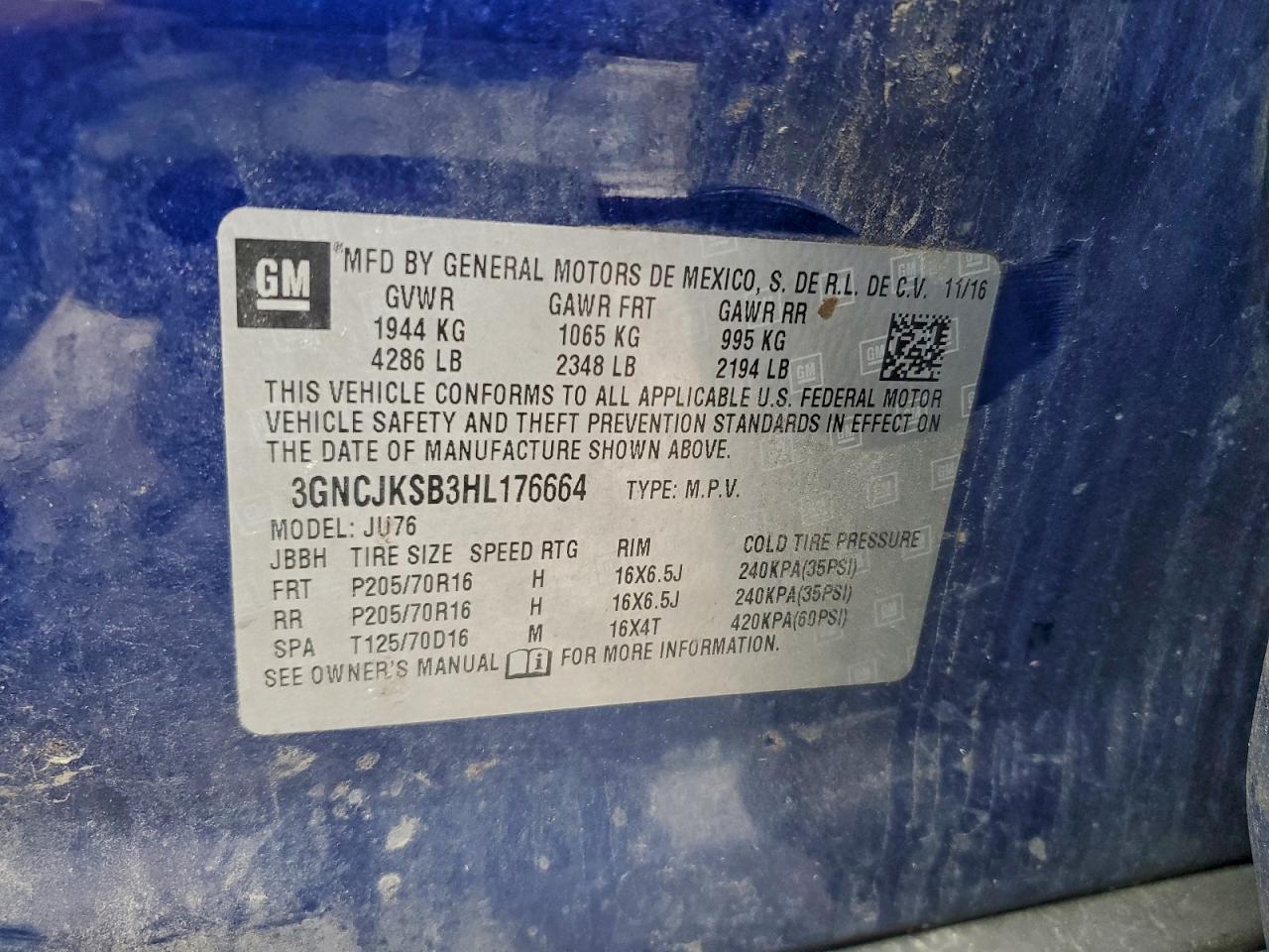 2017 Chevrolet Trax Ls VIN: 3GNCJKSB3HL176664 Lot: 92916955