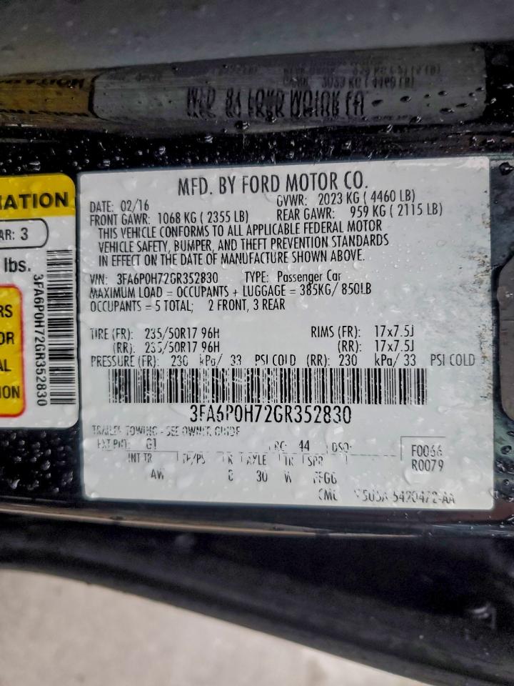 2016 Ford Fusion Se VIN: 3FA6P0H72GR352830 Lot: 94464975