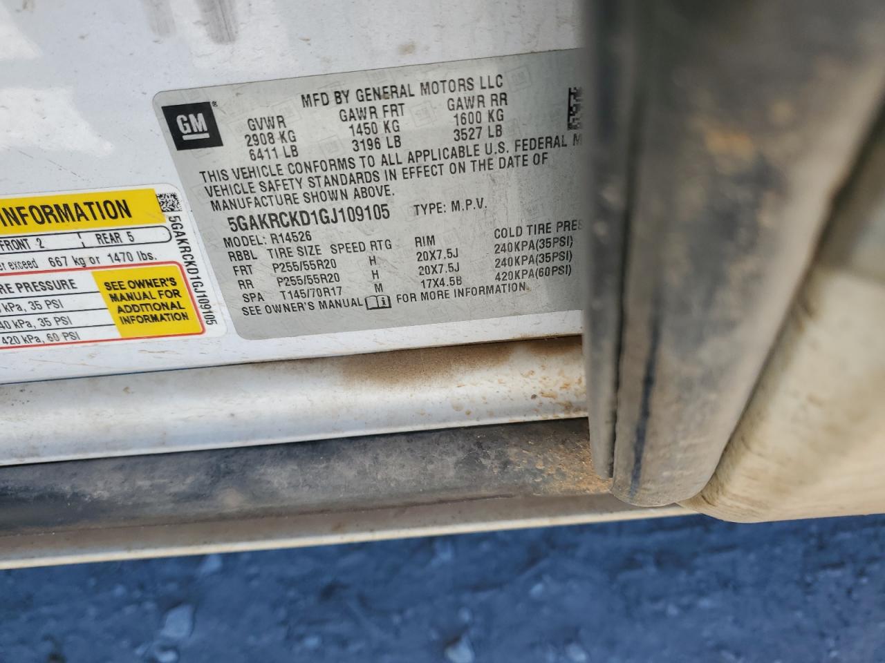 2016 Buick Enclave VIN: 5GAKRCKD1GJ109105 Lot: 92130075