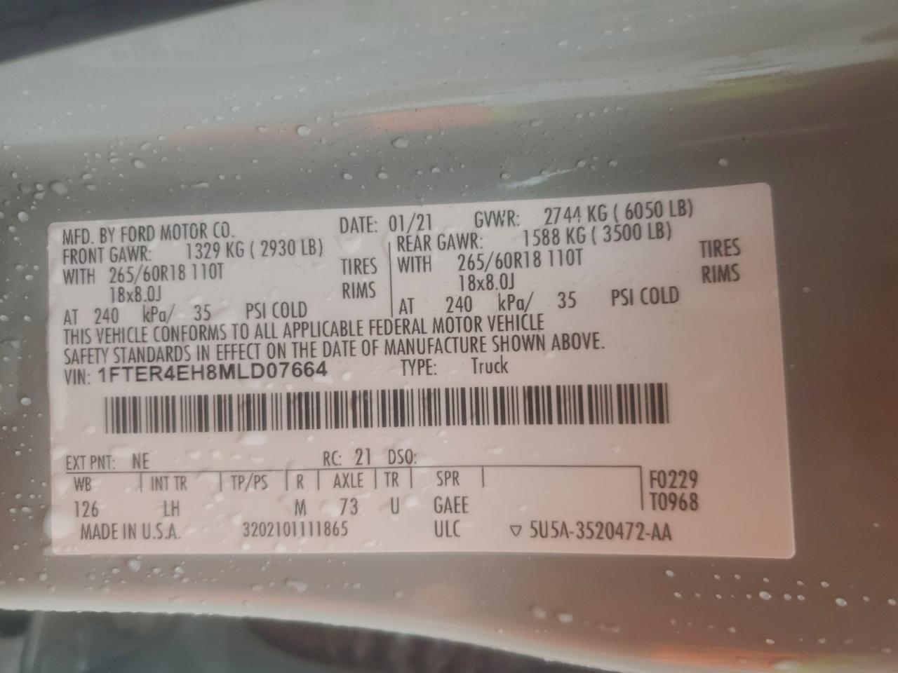 2021 Ford Ranger Lariat Superc VIN: 1FTER4EH8MLD07664 Lot: 93256355