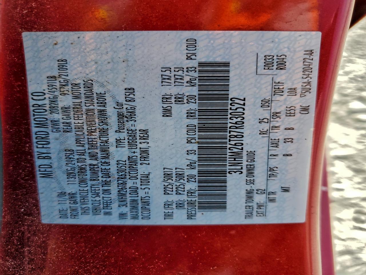 2007 Lincoln Mkz VIN: 3LNHM26T87R630522 Lot: 94033865