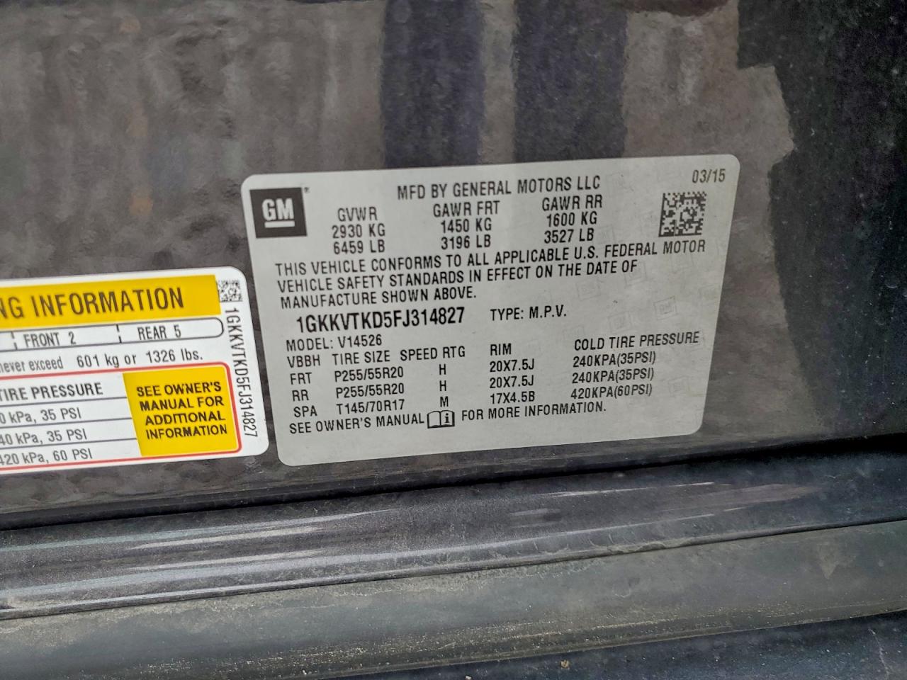 2015 GMC Acadia Denali VIN: 1GKKVTKD5FJ314827 Lot: 94046895