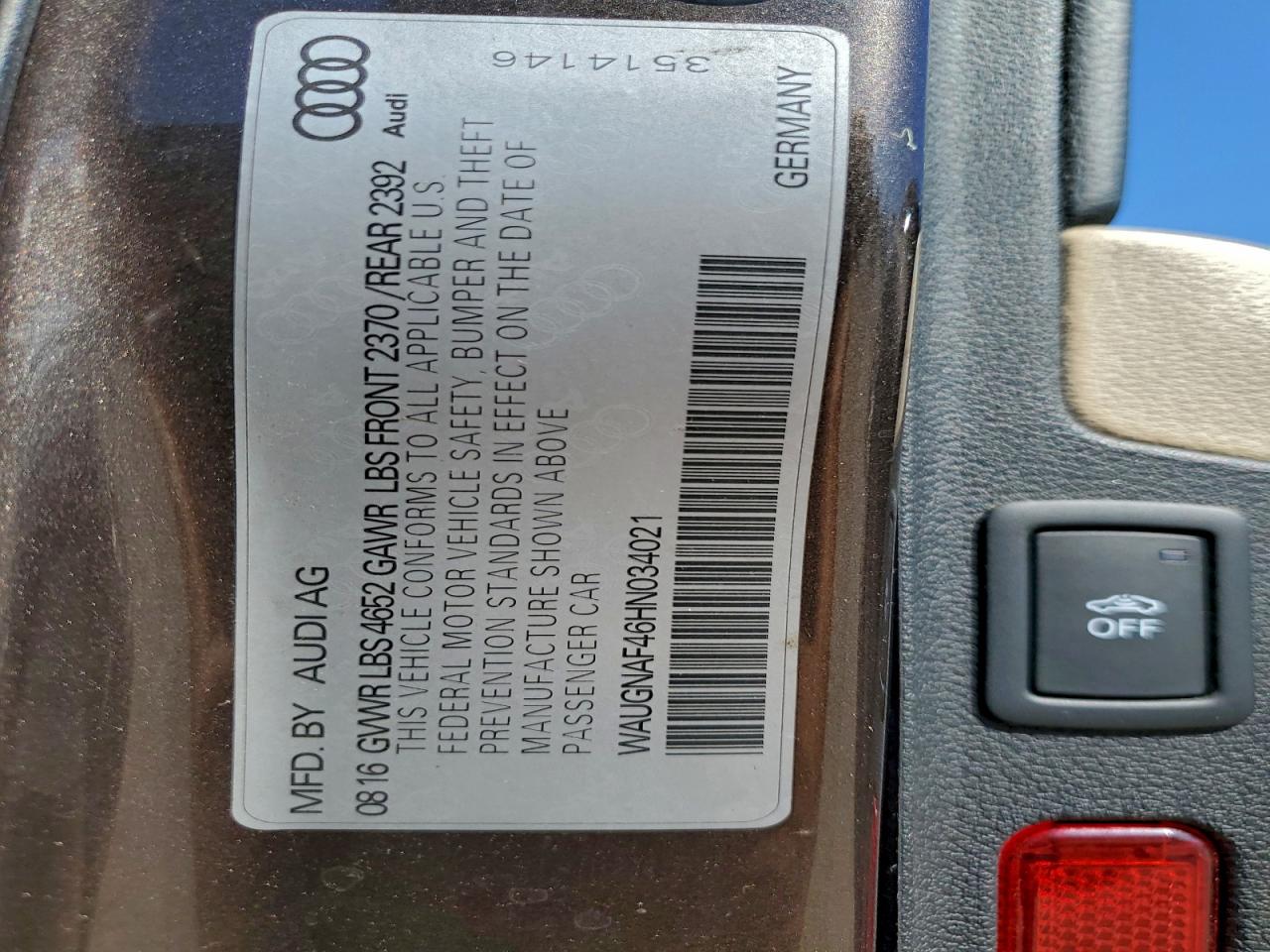 2017 Audi A4 Premium VIN: WAUGNAF46HN034021 Lot: 92049215