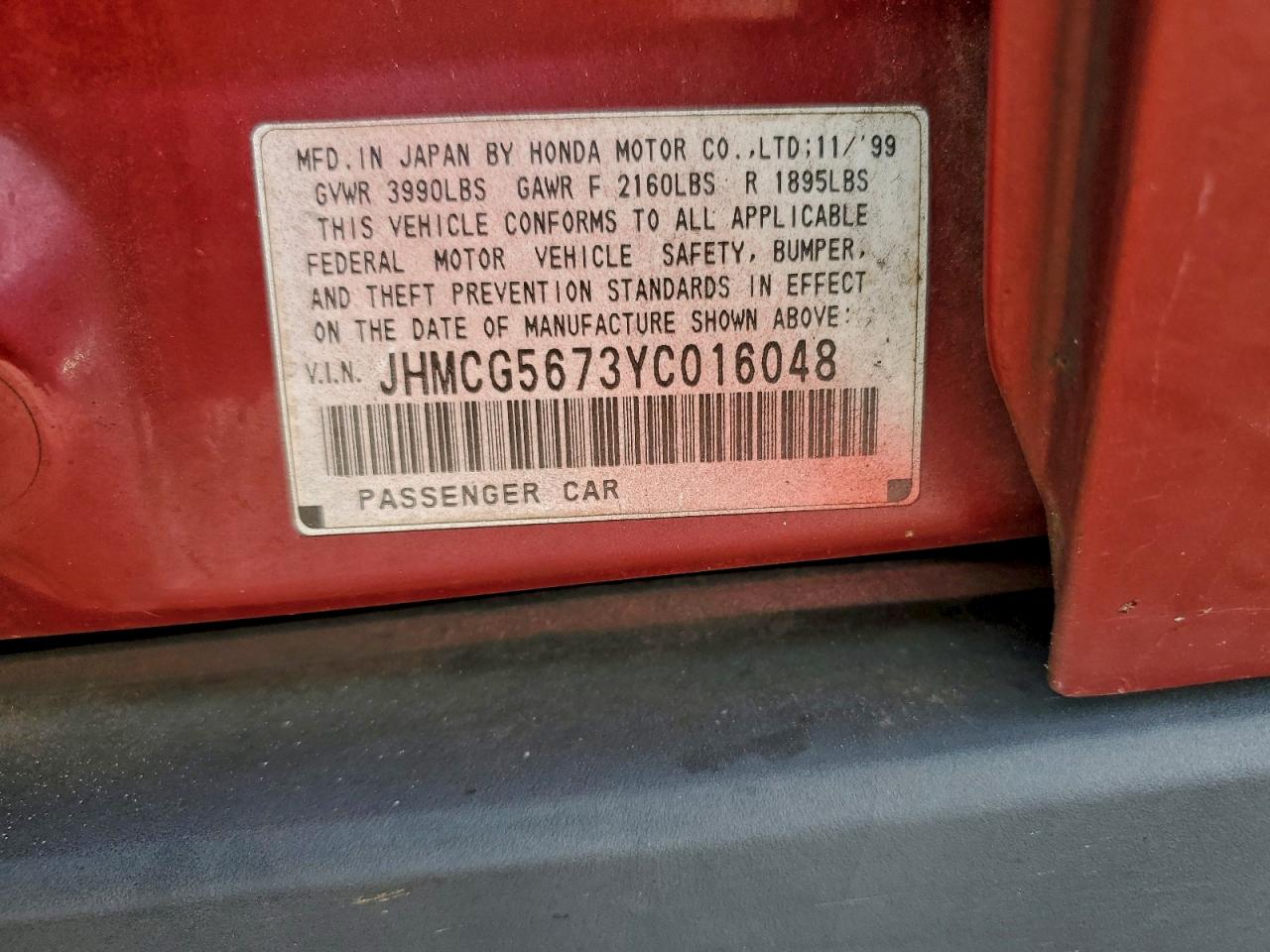 2000 Honda Accord Se VIN: JHMCG5673YC016048 Lot: 94314925