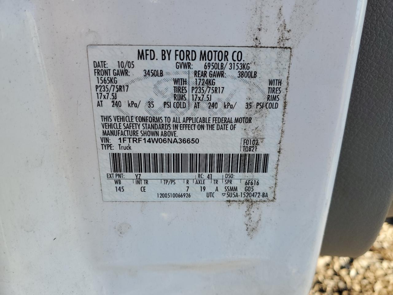 2006 Ford F150 VIN: 1FTRF14W06NA36650 Lot: 93033245