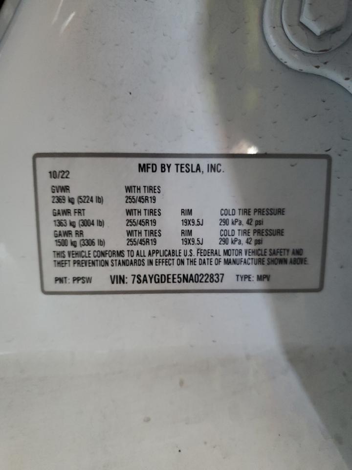 2022 Tesla Model Y VIN: 7SAYGDEE5NA022837 Lot: 91491115