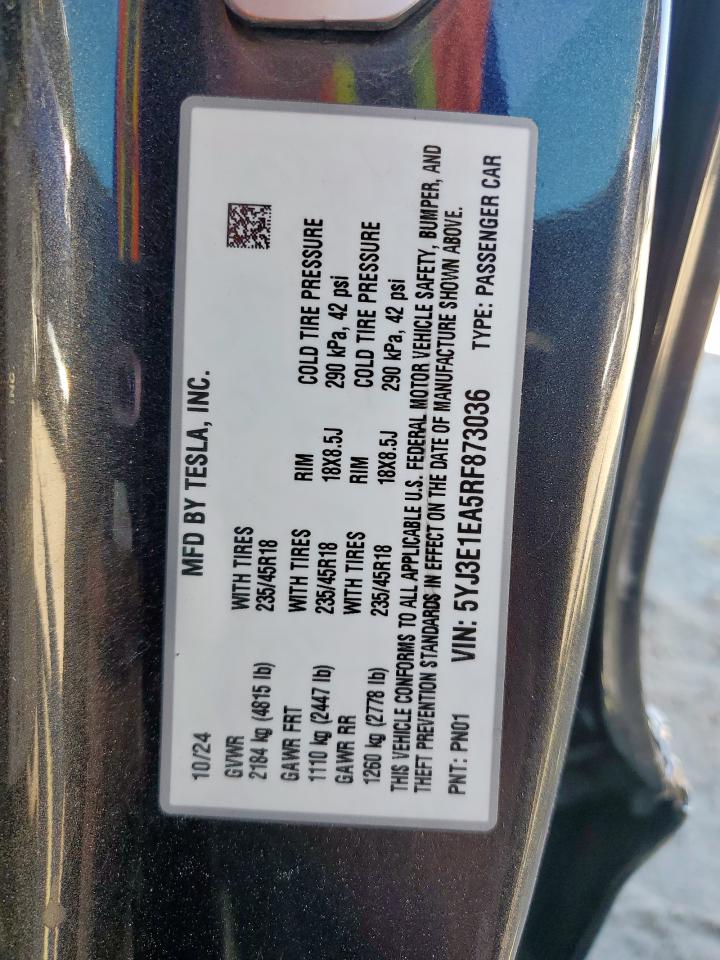 2024 Tesla Model 3 VIN: 5YJ3E1EA5RF873036 Lot: 91264825