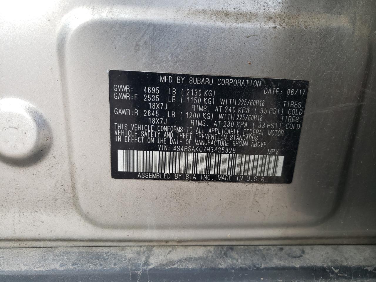 2017 Subaru Outback 2.5I Limited VIN: 4S4BSAKC7H3435829 Lot: 92688745