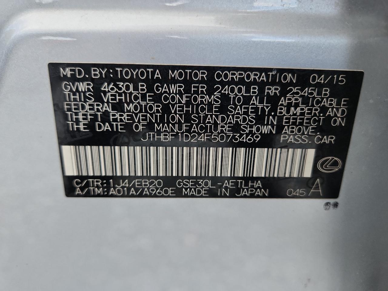 2015 Lexus Is 250 VIN: JTHBF1D24F5073469 Lot: 90449885