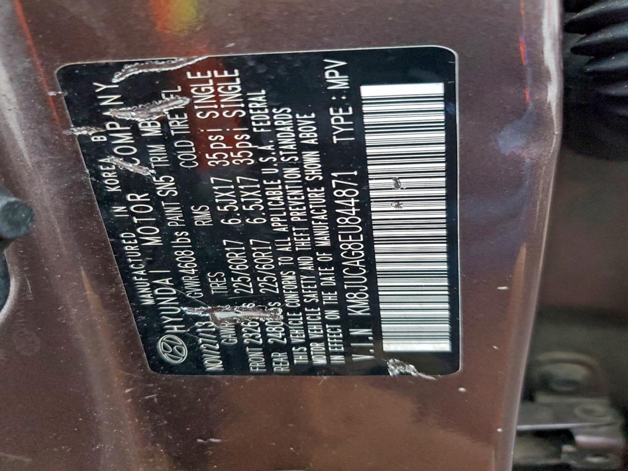 2014 Hyundai Tucson Gls VIN: KM8JUCAG8EU844871 Lot: 93864465