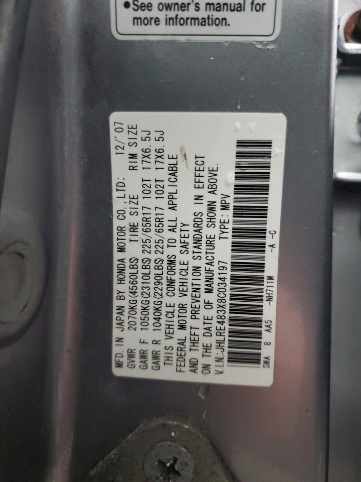 2008 Honda Cr-V Lx VIN: JHLRE483X8C034197 Lot: 93624645