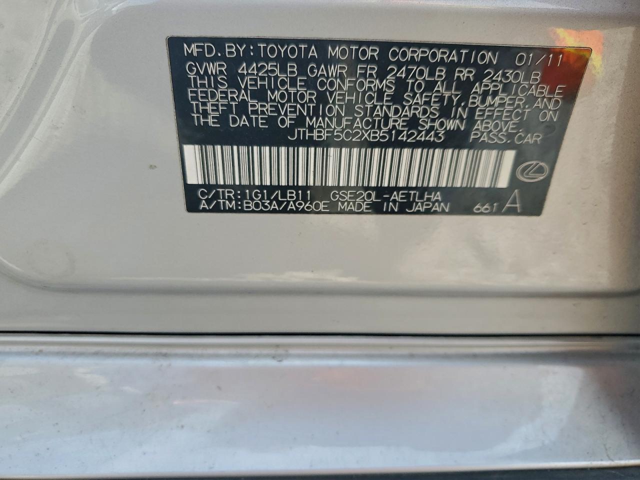 2019 Lexus Is 250 VIN: JTHBF5C2XB5142443 Lot: 94351245