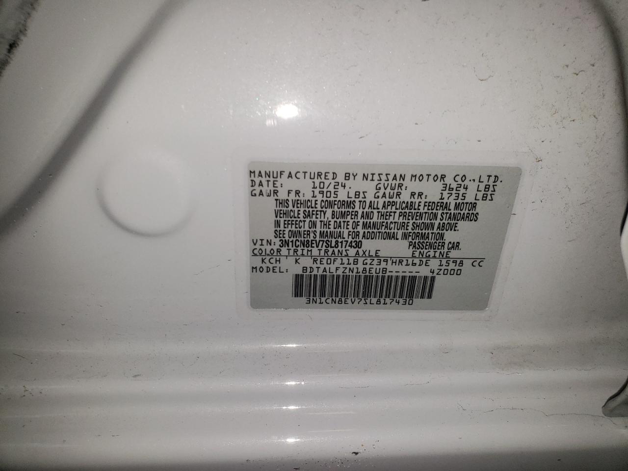 2025 Nissan Versa Sv VIN: 3N1CN8EV7SL817430 Lot: 92571725